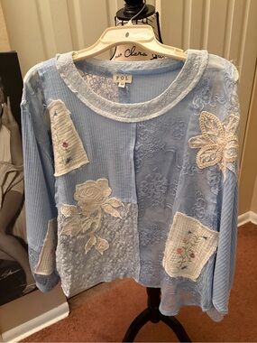 POL Light Blue Lace & Patchwork Women's Top M